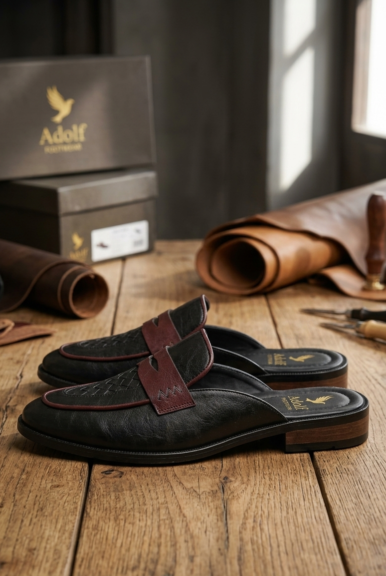 Adolf.pk Black & Maroon Leather Mules