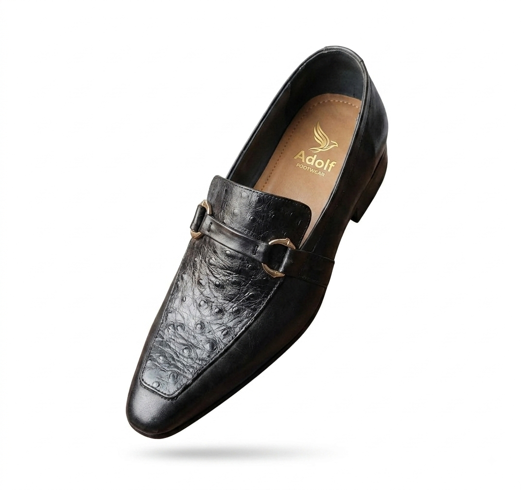 Adolf.pk Black Ostrich Horsebit Loafers