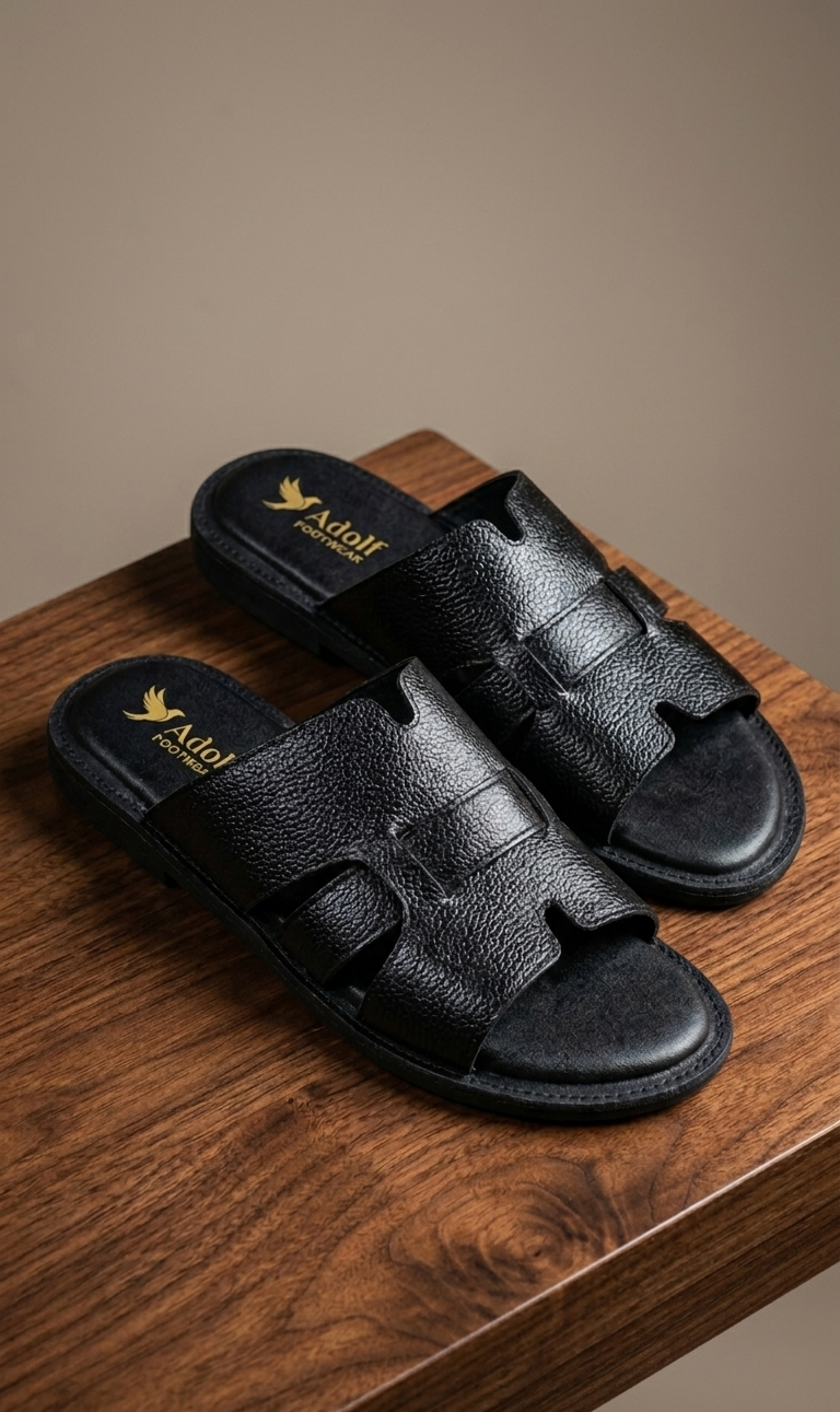 Adolf.pk Black H-Strap Leather Slides