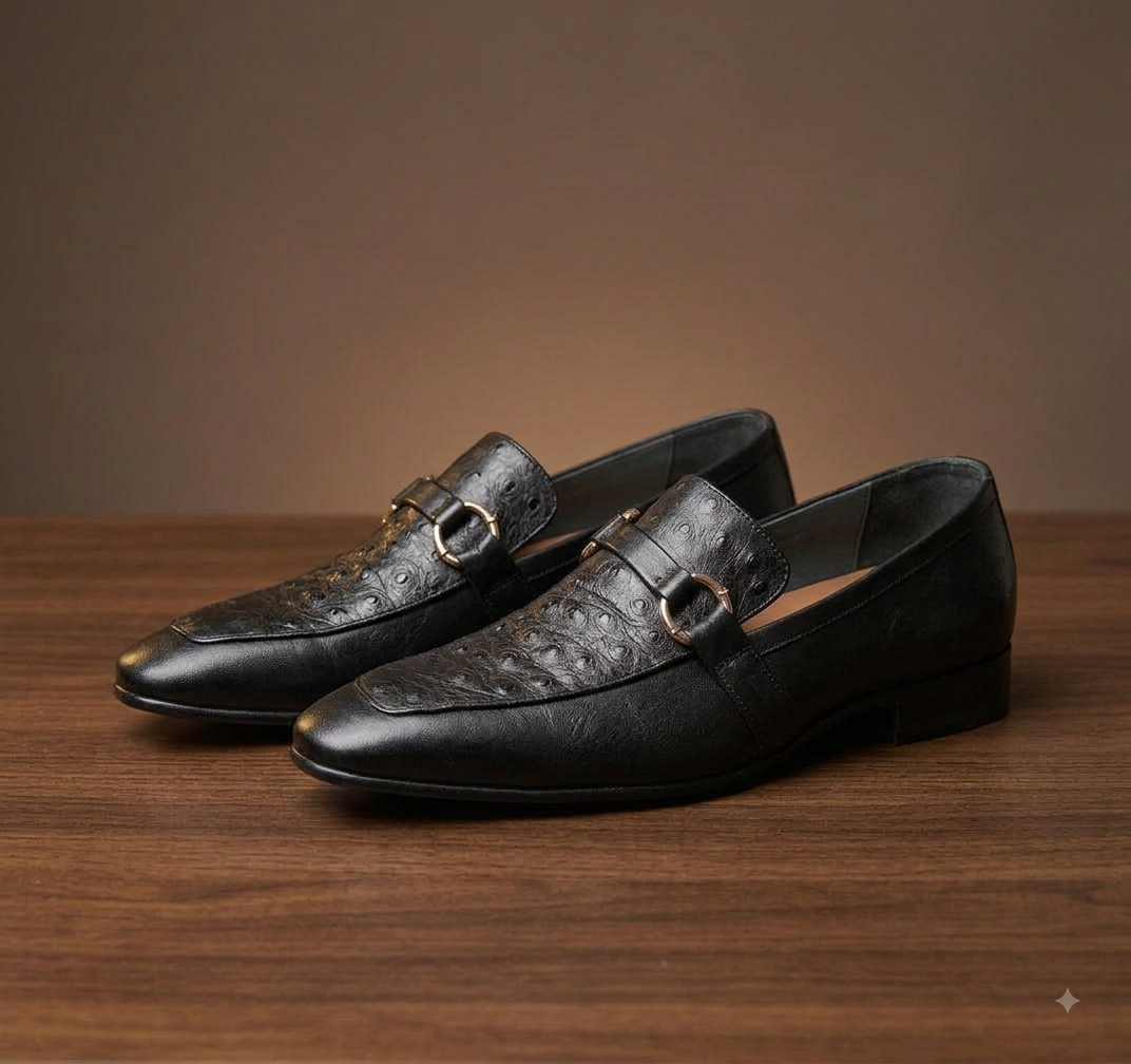 Adolf.pk Black Ostrich Horsebit Loafers