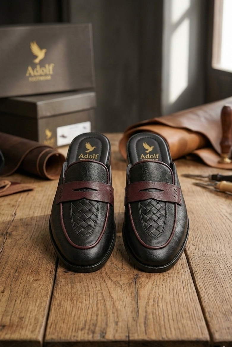 Adolf.pk Black & Maroon Leather Mules