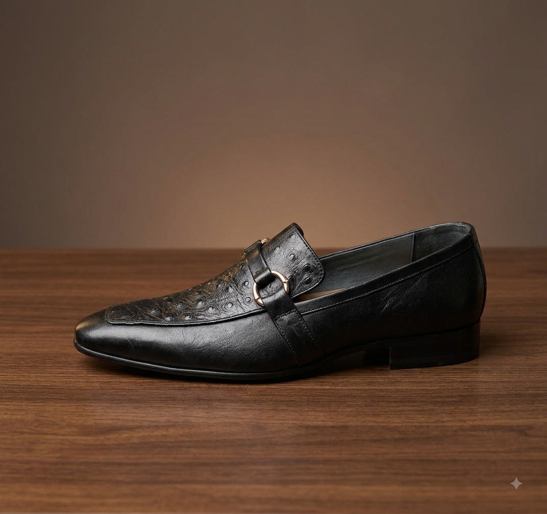Adolf.pk Black Ostrich Horsebit Loafers