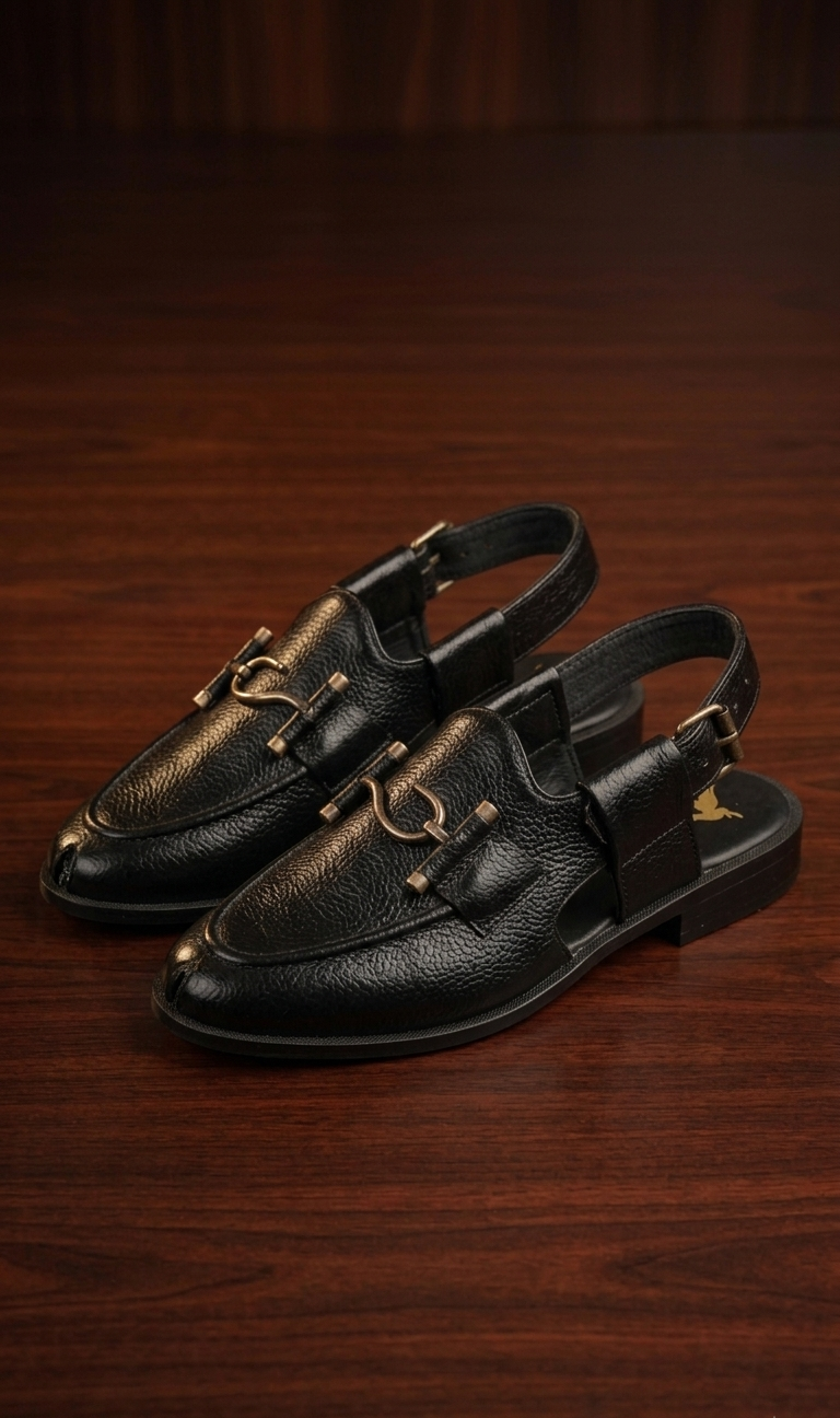 Adolf.pk Black Pebbled Leather Chappal