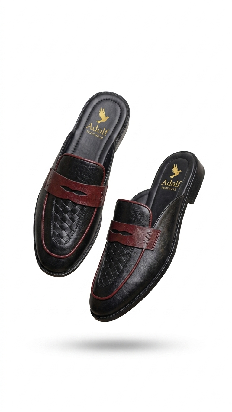 Adolf.pk Black & Maroon Leather Mules