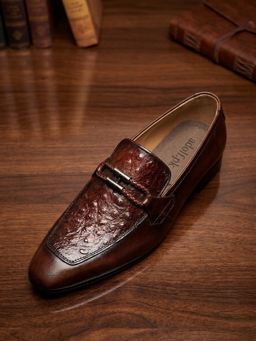 Adolf.pk Brown Ostrich Bit Loafers